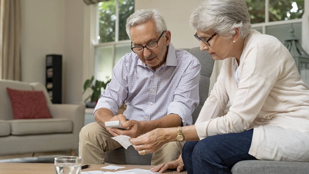 A couple sitting on a couch looking at bills.